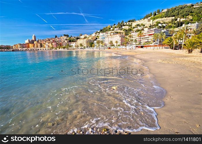Colorful Cote d Azur town of Menton beach and architecture view, Alpes-Maritimes department in southern France