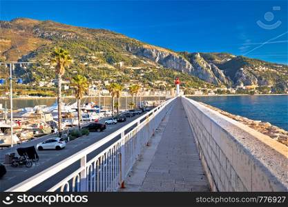 Colorful Cote d Azur town of Menton beach and architecture view, border od France and Italy, Alpes-Maritimes department in southern France
