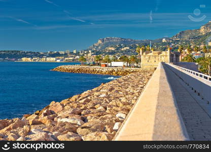 Colorful Cote d Azur town of Menton breakwater and waterfront view, border od France and Italy, Alpes-Maritimes department in southern France
