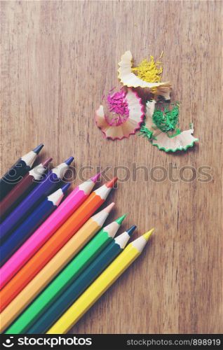 Colorful Crayon, Various colored pencils Paint equipment on wooden table.