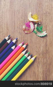 Colorful Crayon, Various colored pencils Paint equipment on wooden table.