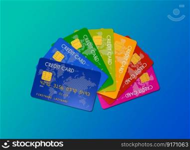 Colorful credit cards isolated on a blue background. 3D illustration. Colorful credit cards isolated on a blue background