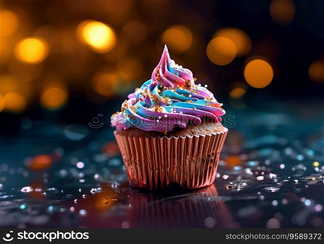 Colorful cupcake dessert pastry on dark background for birthday.AI Generative