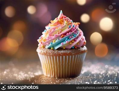 Colorful cupcake dessert pastry on dark background for birthday.AI Generative