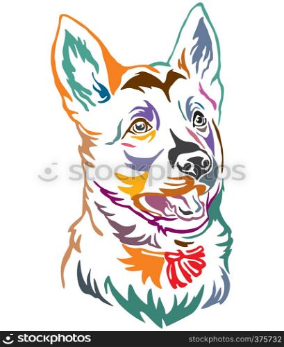 Colorful decorative outline portrait of puppy German Shepherd Dog looking in profile, vector illustration in different colors isolated on white background. Image for design and tattoo.