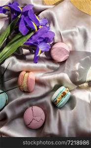 colorful delicious homemade traditional french macarons - elegant french dessert. Natural fruit and berry flavors, creamy stuffing and blue iris flowers on cloth for valentines mother day easter.. colorful delicious homemade traditional french macarons - elegant french dessert. Natural fruit and berry flavors, creamy stuffing and blue iris flowers on cloth for valentines mother day easter