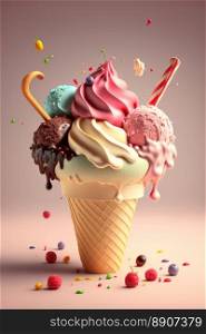 Colorful delicious ice cream melting and dripping on a colored background. Explosion of flavor and color. Generative AI