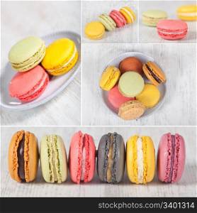 Colorful delicious macarons, typical french pastries. wild nature collage