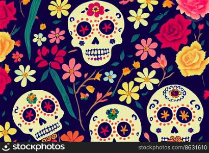 Colorful Dia de los muertos mexican holiday Day of Dead, Digital style, 3d rendering