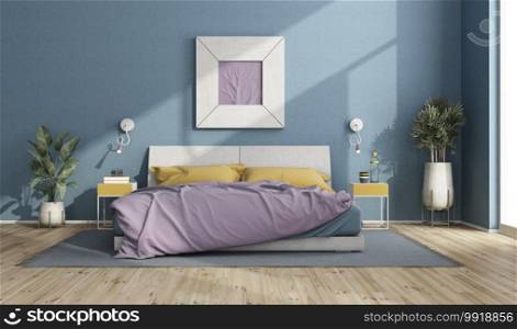 Colorful double bed in a modern room with blue wall, picture frame and house plants - 3d rendering. Colorful double bed in a modern room with blue walls