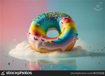 Colorful doughnut falling over a white liquid. Generative AI