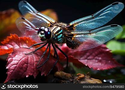 Colorful dragonfly sits on a plant in nature. Generative AI