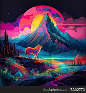 Colorful drawing of a howling wolf with the moon on the background. Generative AI