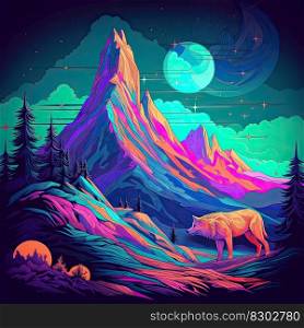 Colorful drawing of a howling wolf with the moon on the background. Generative AI