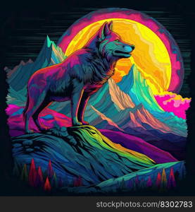 Colorful drawing of a howling wolf with the moon on the background. Generative AI