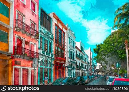 Colorful drawing of Bom Jesus Street in old Recife