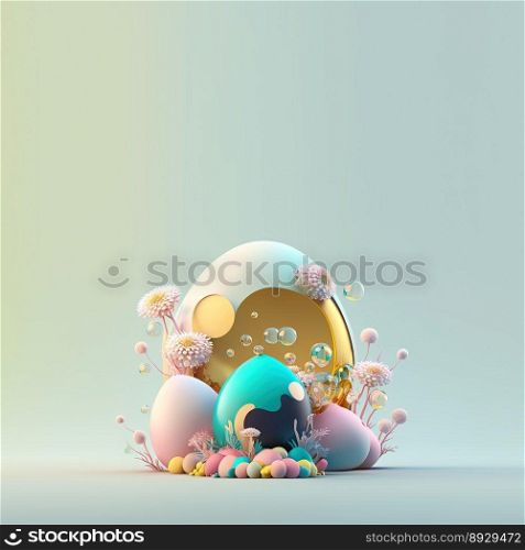 Colorful Easter Background with Glosy 3D Eggs and Flower Ornaments