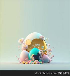 Colorful Easter Background with Glosy 3D Eggs and Flower Ornaments