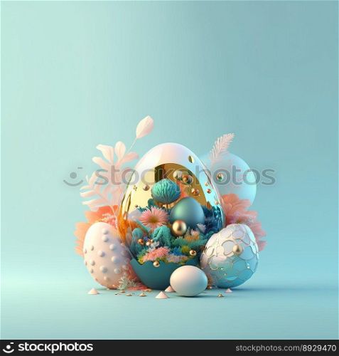 Colorful Easter Background with Shiny 3D Eggs and Flower Ornaments