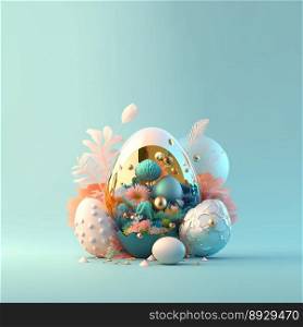 Colorful Easter Background with Shiny 3D Eggs and Flower Ornaments