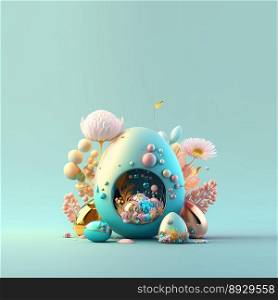 Colorful Easter Background with Shiny 3D Eggs and Flowers