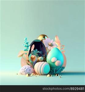 Colorful Easter Celebration Background with Glosy 3D Eggs and Flower Ornaments