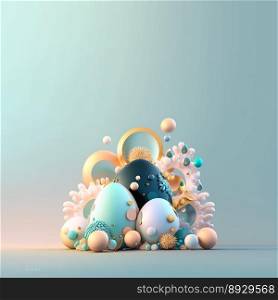 Colorful Easter Celebration Background with Glosy 3D Eggs and Flowers