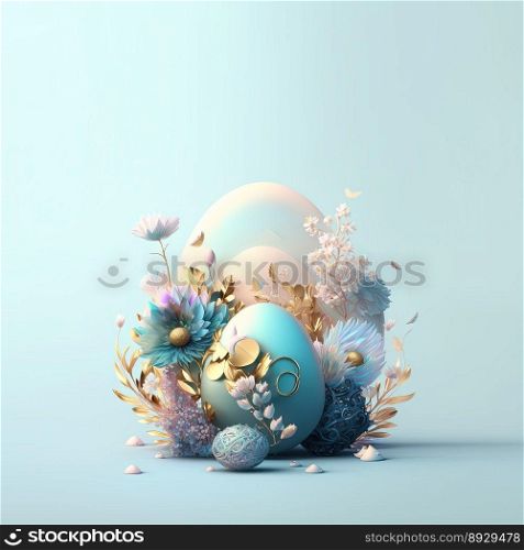 Colorful Easter Celebration Background with Shiny 3D Eggs and Flower Ornaments