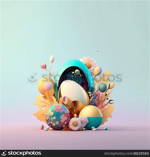 Colorful Easter Celebration Background with Shiny 3D Eggs and Flowers