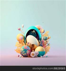 Colorful Easter Celebration Background with Shiny 3D Eggs and Flowers