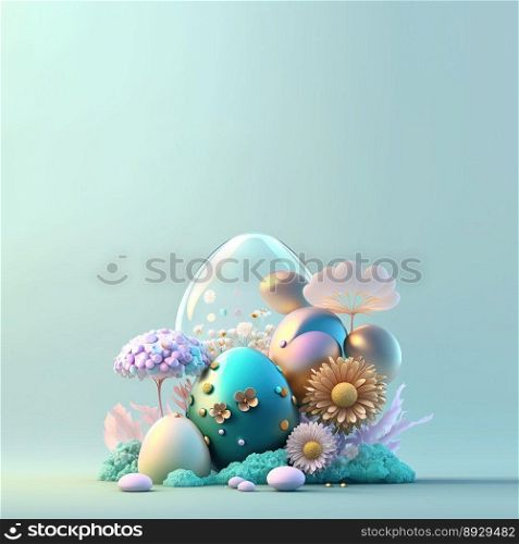 Colorful Easter Celebration Greeting Card with Glosy 3D Eggs and Flower Ornaments