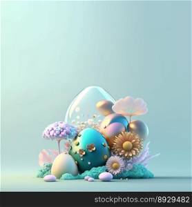 Colorful Easter Celebration Greeting Card with Glosy 3D Eggs and Flower Ornaments