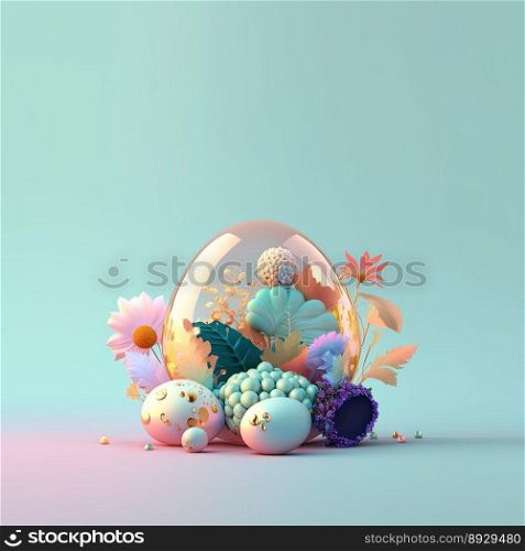 Colorful Easter Celebration Greeting Card with Shiny 3D Eggs and Flower Ornaments