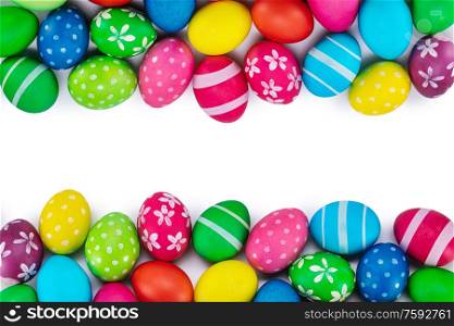 Colorful Easter egg top view border frame isolated on white background. Easter eggs border on white