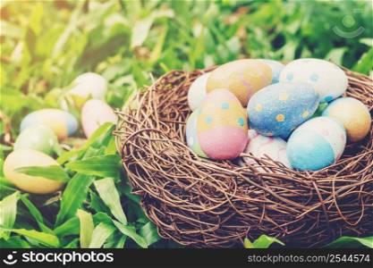 Colorful easter eggs and nest on green grass with sunlight. vintage toned.