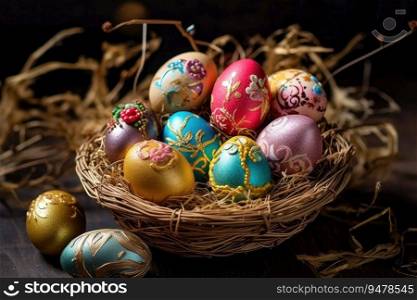 Colorful Easter eggs in a basket. Generative AI