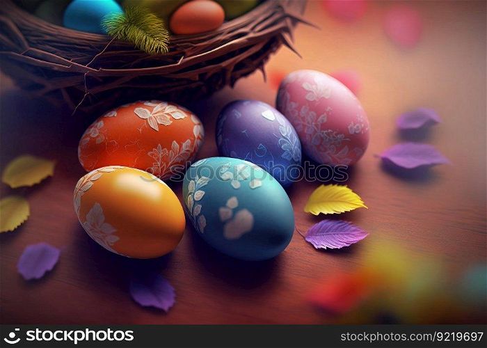 Colorful Easter eggs in a wicker basket on the table, flat lay. Postcard and wallpaper for the holiday. AI generated.. Colorful Easter eggs in a wicker basket on the table, flat lay. AI generated.