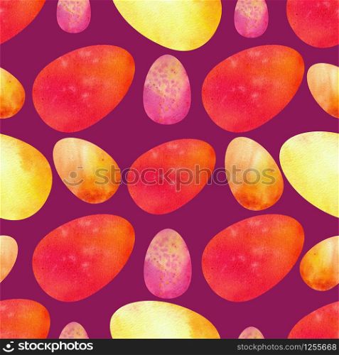 Colorful Easter eggs on a lilac background. Seamless patterns. Watercolor illustration. Colorful Easter eggs on a lilac background. Seamless patterns. Watercolor