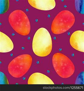 Colorful Easter eggs on a lilac background. Seamless patterns. Watercolor illustration. Colorful Easter eggs on a lilac background. Seamless patterns. Watercolor