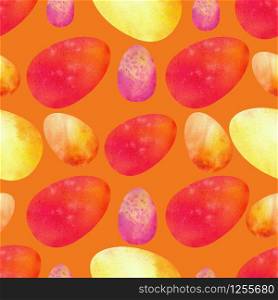 Colorful Easter eggs on a orange background. Seamless patterns. Watercolor illustration. Colorful Easter eggs on a orange background. Seamless patterns. Watercolor