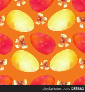 Colorful Easter eggs on a orange background. Seamless patterns. Watercolor illustration. Colorful Easter eggs on a orange background. Seamless patterns. Watercolor