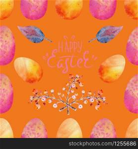 Colorful Easter eggs on a orange background. Seamless patterns. Watercolor illustration. Colorful Easter eggs on a orange background. Seamless patterns. Watercolor