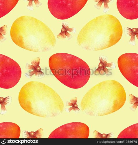 Colorful Easter eggs on a yellow background. Seamless patterns. Watercolor illustration. Colorful Easter eggs on a yellow background. Seamless patterns. Watercolor