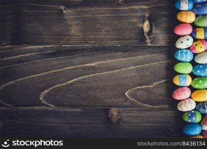 Colorful easter eggs on black wood background with copyspace. 