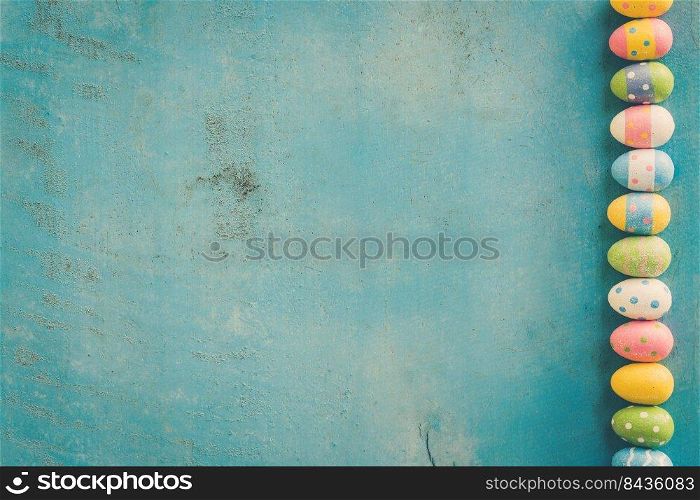 Colorful easter eggs on blue wood background with copy space.
