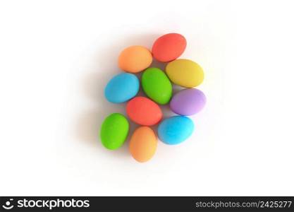 Colorful easter eggs on white background. Food decoration on holiday.