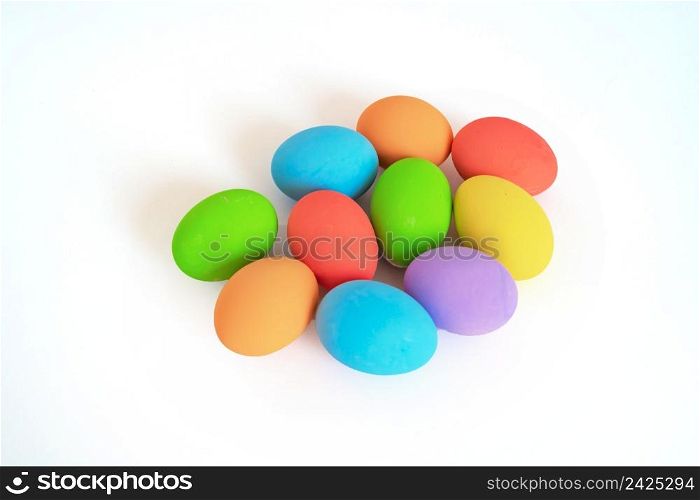 Colorful easter eggs on white background. Food decoration on holiday.