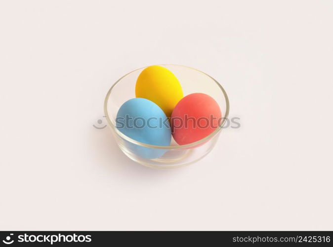 Colorful easter eggs on white background. Food decoration on holiday.