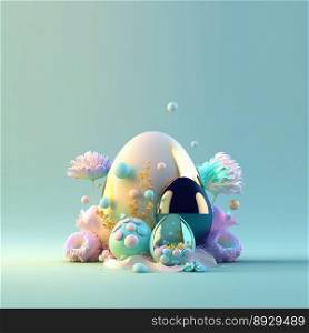 Colorful Easter Festive Background with Glosy 3D Eggs and Flower Ornaments
