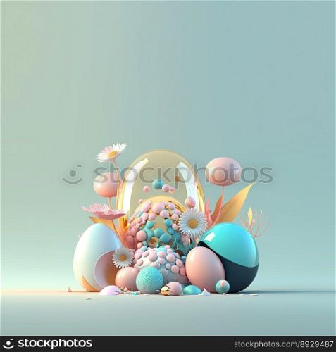 Colorful Easter Festive Background with Shiny 3D Eggs and Flower Ornaments